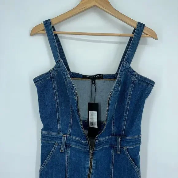 VERONICA BEARD Fayre Jumpsuit Denim Flare Leg Front Zip V Neck Blue NWT